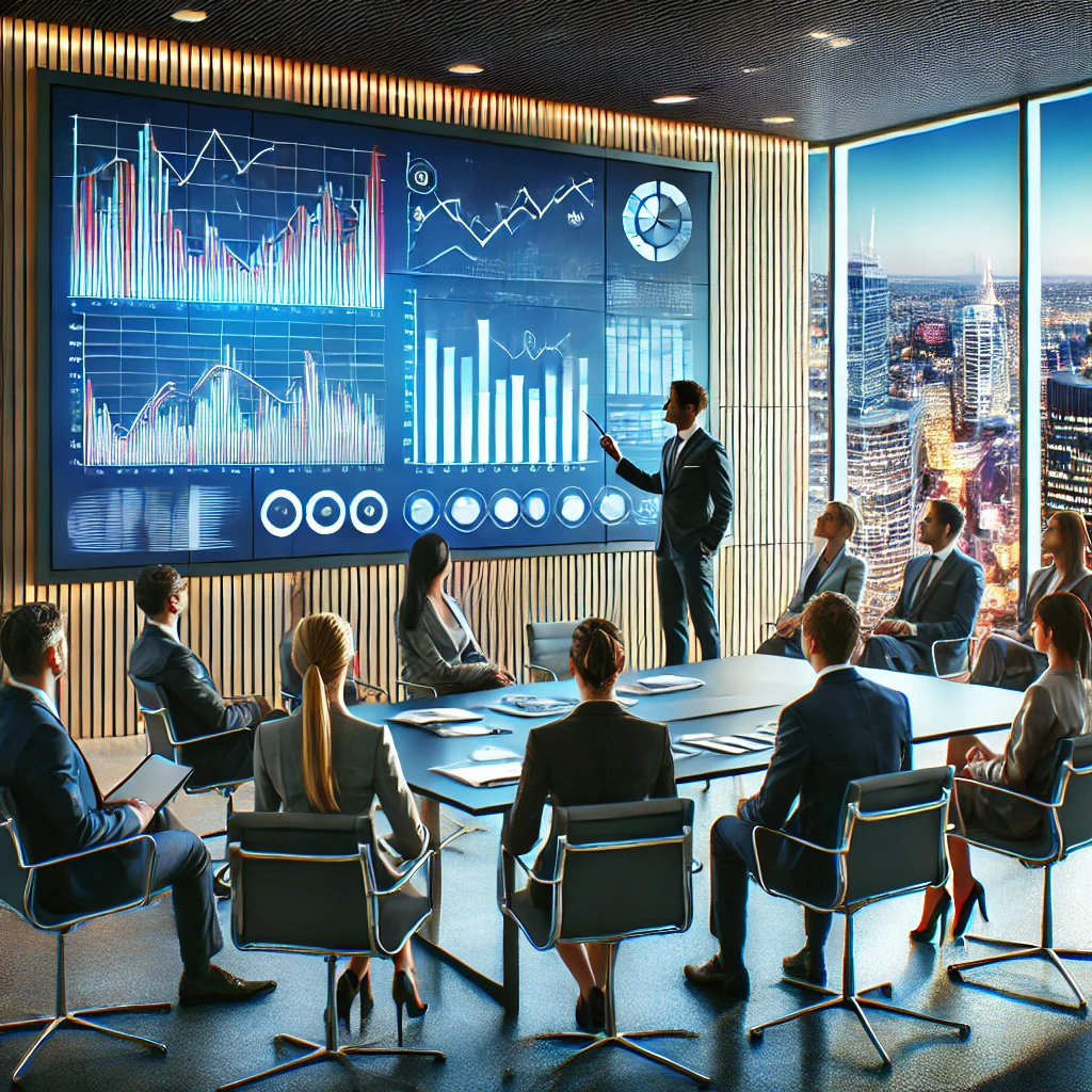 DALL·E 2024-07-27 01.21.51 - A professional business presentation in a modern conference room. The setting includes a large screen displaying a colorful graph, a presenter, a mixe.webp